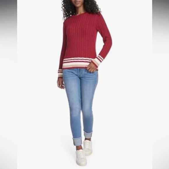 Tommy Hilfiger Maroon Cable Knit Crewneck Sweater Tipped Hems Preppy Academia - Picture 3 of 11